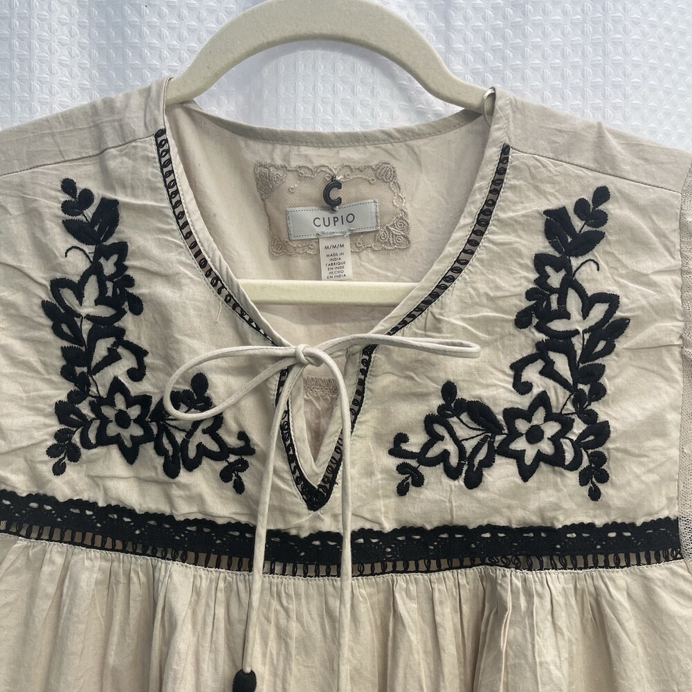Cupio Beige Black Floral Embroidered Swiss Dot Mesh Sleeve Boho Top Medium - Picture 3 of 6